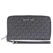 【Michael Kors】Jet Set MK花紋防水帆布提把拉鍊手機中夾(黑色)