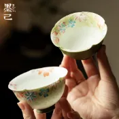 手繪花嶼陶瓷茶具套組 功夫茶杯 小青柑茶具 仿古品茗杯 家用高足茶杯 文青茶器