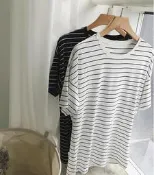 FINDSENSE MD 韓國 潮 男 時尚 休閒 圓領 寬鬆 五分袖 肩字母刺繡 條紋 短袖T恤 特色短T 條紋T