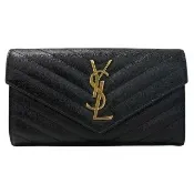 【YSL】魚子醬牛皮金色LOGO釦式長夾 黑色