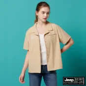 JEEP 女裝 百搭素色古巴領短袖襯衫-卡其