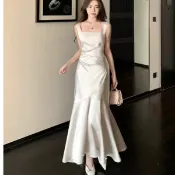 【Lorine匯衣閣白色洋裝 緞面洋裝 吊帶長裙女 長款訂婚禮服裙 宴會洋裝 魚尾連身裙 畢業舞會洋裝 生日洋裝