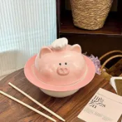 拒絕無聊⚠️免運 日式可愛廚師小豬泡麪碗帶蓋勺雙耳螺螄粉碗大容量學生宿舍打飯碗