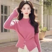 初色 簡約休閒半高領收腰開叉下擺喇叭袖長袖針織毛衣上衣女上衣-粉色-18216(F可選)