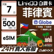 LINKGO白鑽卡 菲律賓 eSIM卡 Globe電信 7天上網卡 每日500MB 高速流量(菲律賓網卡 宿霧 巴拉望 馬尼拉)