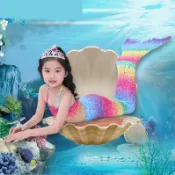 協貿國際日用品生活8館 女童美人魚服裝游泳衣公主的裙子 兒童美人魚尾巴三件套裝衣服