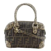 【DOKODEMO】FENDI Mini Boston 兩用肩背包，Zucca 圖案，尼龍帆布 x PVC 材質，棕色，斜背包，手提包，兩用開口款式，女士 [二手]