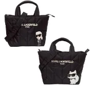 【KARL LAGERFELD 卡爾】KARL LAGERFELD卡爾可愛貓咪圖案菱格紋搭配設計中款托特包 兩款可選(贈原廠防塵袋)