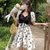 大碼女孩💕韓版夏季碎花連衣裙 大碼洋裝 拚接碎花裙 法式複古連身裙 顯瘦A字連衣裙 時尚洋裝 大裙擺 假兩件連衣裙
