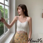 【HanVo】性感抽繩短版背心小可愛 附可拆式胸墊 細肩帶吊帶V領背心 居家內搭衣 韓系女裝 女生衣著 A09-5043