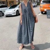 韓版V領碎花無袖背心裙洋裝 寬鬆 削肩傘擺長洋裝 簡約印花 雪紡背心裙QQ
