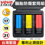 【YOYO汽車工具】四分輪胎套筒 三件組 4分(1/2“) 17mm 19mm 21mm 三齒面 輪胎 防傷套筒 台灣製