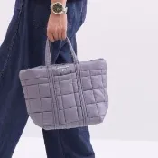 【Michael Kors】金屬LOGO厚空氣尼龍格紋手提托特包購物包(灰)