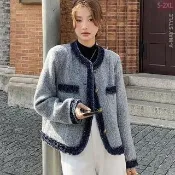【Amay Style 艾美時尚】現貨 中大尺碼女裝 夾克 小香風拼接感時髦設計毛呢外套。S-2XL(藍)