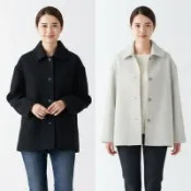 無印良品MUJI 女羊毛混 翻領短版大衣 70%羊毛