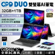 全球3C通訊 GPD DUO 雙螢幕 AI筆電 32+1TB AMD Ryzen AI 9 HX370 螢幕翻折