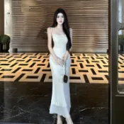 韓版聚會派對性感米白色雪紡吊帶長裙女裝緊身無袖中長款魚尾洋裝