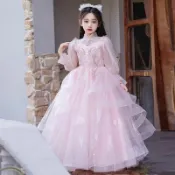 楓林宜居 【氣質領型】粉色女童高級禮服長袖春夏花童婚紗公主裙小女孩生日宴鋼琴演奏服