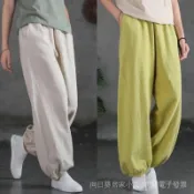 24H🚀功夫褲 功夫裝 太極褲 100%棉麻複古燈籠褲子女2025春夏新款束腳褲寬鬆純色百搭休閒長褲 冰絲透氣長褲  G