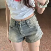 五分包臀遮肚 高腰大尺碼小個子 水洗做舊牛仔短褲 a字超短夏天女 設計感女裝 收腰休閒約會女生迷你顯瘦氣質 復古牛仔短褲