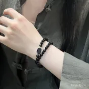 優選🔥天然黑曜石搭配黑碧璽雙圈手串男女水晶文玩飾品手鏈6mm AC82