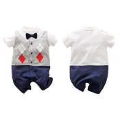 (店+)【雪倫小舖】男寶寶滿月西裝 新生兒包屁衣 爬服 寶寶短袖哈衣 抓周禮服 收涎小西裝 格子紳士款