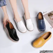 【高品質】大碼真皮女鞋 白色厚底鞋 韓版女生休閒包鞋 皮面女鞋 簡約素面坡跟鞋 大尺碼女鞋 媽媽鞋 透氣防滑無鞋帶增高鞋