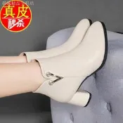 【臺灣現貨】女生時尚靴子 高跟短靴女✻✳●2021真皮馬丁靴韓版冬季粗跟短筒女高跟時裝短靴側拉鏈圓頭棉靴女