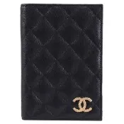 【CHANEL 香奈兒】品牌水鑽雙C LOGO菱格紋信用卡護照夾中夾(黑/金)