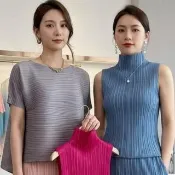 【巴黎精品】現貨+預購 三宅風皺褶衣服褶皺上衣摺衣彈力大尺碼(高領無袖寬鬆女T恤3款b1a36 B)