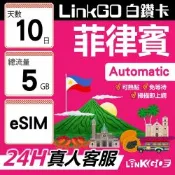 LINKGO白鑽卡 菲律賓 eSIM卡 10天上網卡 總流量5GB 高速流量(菲律賓網卡 宿霧 巴拉望 馬尼拉)