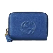 GUCCI 古馳  SOHO浮雕雙G LOGO荔枝紋牛皮4卡拉鏈短夾(藍)