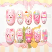 💗臺灣出貨💗【甜趣萌兔】粉嫩透色甲面手繪兔子小鴨蛋糕草莓圖案可拆卸美甲