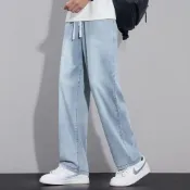 (店+) 直筒牛仔褲男款大尺碼彎刀鬼洗牛仔長褲男生寬鬆休閒褲防風保暖褲彈力寬褲子工作運動長褲鬆緊帶彈性長褲藍色美式高腰闊腿牛仔褲