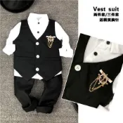 【兔巴叮童裝】兒童小西裝套裝英倫3寶寶時尚馬甲花童禮服男童演出服馬甲三件套花童西裝套裝洋氣短袖西裝禮服開學畢業演出服