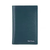PAUL SMITH 燙銀LOGO牛皮拼多色條紋直立式6卡對折小短夾(海軍藍x內裡酒紅x橘x多色)