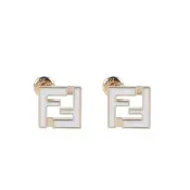【FENDI 芬迪】Forever FF圖案形狀 白色琺瑯 釘釦式 金屬耳環 金色 白色 8AL294TL9F0A47