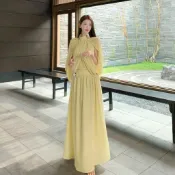 【雪梨·女装❤️】度假風名媛甜美連身裙女 油綠色半高領收腰大擺裙 超仙氛圍感長裙 油綠色洋裝套裝 宴會洋裝