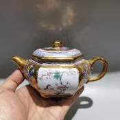 博物古董收藏宜興老紫砂壺民國名家早期手工六方描金彩繪壺舊茶壺-202506