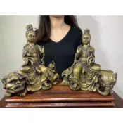 阿一藝品 黃銅雕【文殊菩薩 普賢菩薩】 坐騎青獅 坐騎白象 風水擺件佛教 道教 藏傳 銅雕佛像擺件  Y37