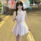 千金風洋裝 千金洋裝 連身裙 法式洋裝 短洋裝 千金裝 正式洋裝 網紅夏季法式氣質小衆襯衫領無袖收腰顯瘦A字襯衫連衣裙女