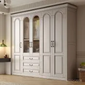 【全臺可上門安裝 宅配到家】美式羅馬柱桃花心木實木帶玻璃衣櫃白色簡約角櫃帶抽屜臥室大衣櫥
