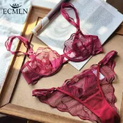 ECMLN 女士性感法式超薄葉子刺繡蕾絲文胸內褲套裝透明網眼鋼圈內衣套裝