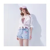 【Le Polka】純棉抽鬚牛仔短褲-女(丹寧)