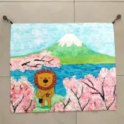 kami插畫掛布-大頭獅富士山賞櫻花