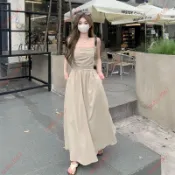 上新📀度假長洋裝 大尺碼渡假風穿搭 海邊洋裝 一字肩卡其色收腰吊帶長裙 性感洋裝連身裙 設計感抹胸長裙氣質連衣裙 女生
