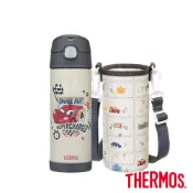 【THERMOS膳魔師】不銹鋼真空兩用保冷瓶470ml(附揹袋)Cars汽車總動員(F4021CFCR-DG)