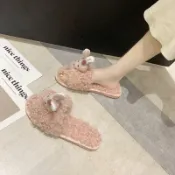 協貿國際日用品生活6館 小卷毛韓國小兔子毛絨絨拖鞋女甜美公主家居棉拖鞋厚底防滑毛毛拖