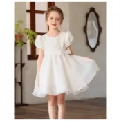 【俏寶貝童裝~新竹實體店面】女童高雅白色泡泡袖歐根紗禮服 女童禮服 女童洋裝 兒童白色禮服 花童禮服 鋼琴表演