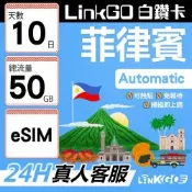 LINKGO白鑽卡 菲律賓 eSIM卡 10天上網卡 總流量50GB 高速流量(菲律賓網卡 宿霧 巴拉望 馬尼拉)